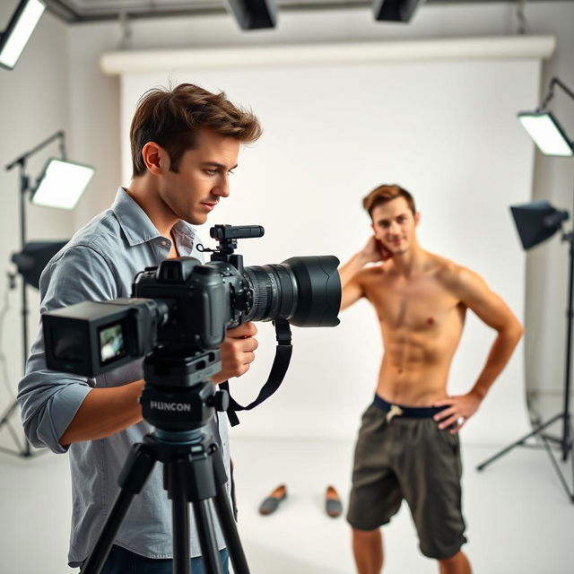 A young, attractive professional photographer in a modern photo studio, wearing an open shirt, focused on taking pictures