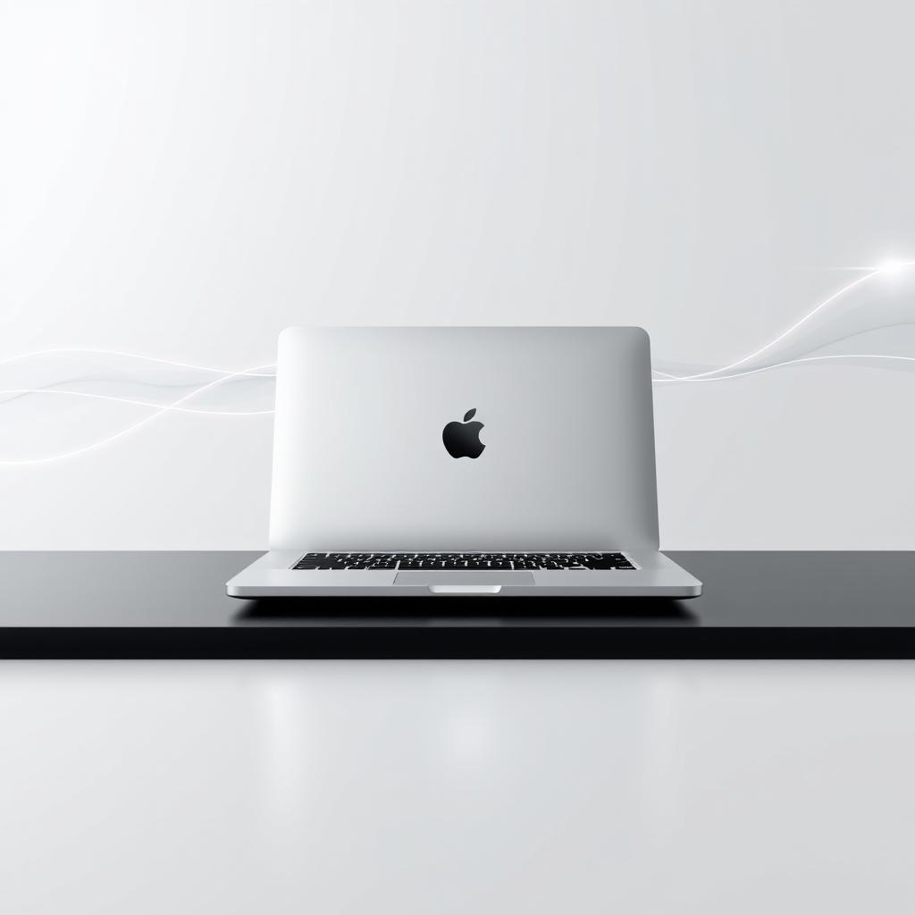 A minimalist and elegant Apple MacBook Pro wallpaper, featuring a sleek silver laptop with an illuminated Apple logo on the lid