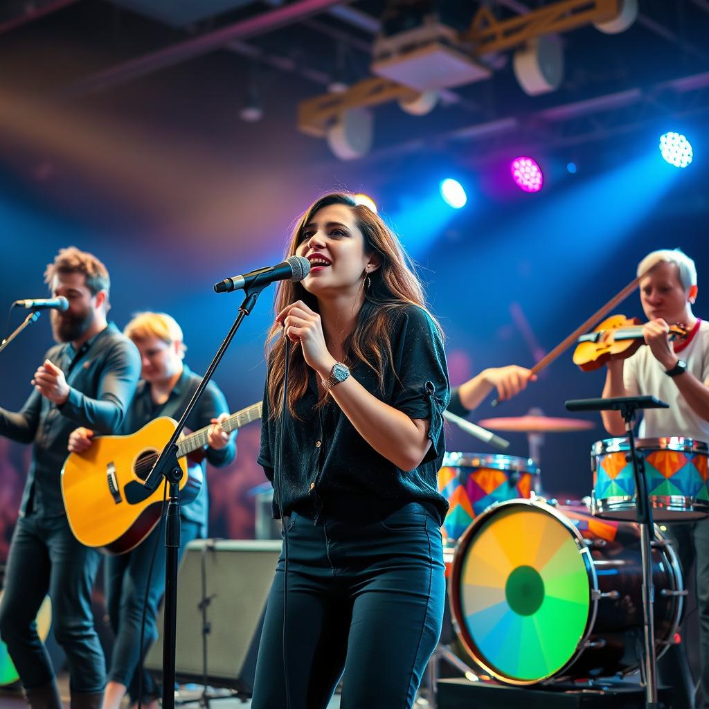 A vibrant and dynamic music band scene featuring a female singer at the forefront, passionately engaging with the audience