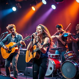 A vibrant and dynamic music band scene featuring a female singer at the forefront, passionately engaging with the audience