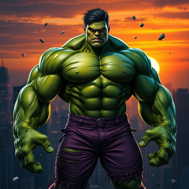 A powerful, muscular figure inspired by the Hulk, combined with the facial features and hairstyle of Alvaro Gavriel