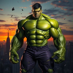 A powerful, muscular figure inspired by the Hulk, combined with the facial features and hairstyle of Alvaro Gavriel