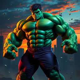 A powerful, muscular figure inspired by the Hulk, combined with the facial features and hairstyle of Alvaro Gavriel