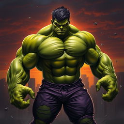 A powerful, muscular figure inspired by the Hulk, combined with the facial features and hairstyle of Alvaro Gavriel