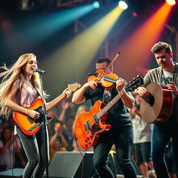 A dynamic and colorful music band performance scene featuring a female singer with long flowing hair, standing in front of a stylish microphone
