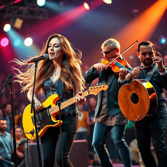 A dynamic and colorful music band performance scene featuring a female singer with long flowing hair, standing in front of a stylish microphone