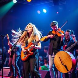 A dynamic and colorful music band performance scene featuring a female singer with long flowing hair, standing in front of a stylish microphone