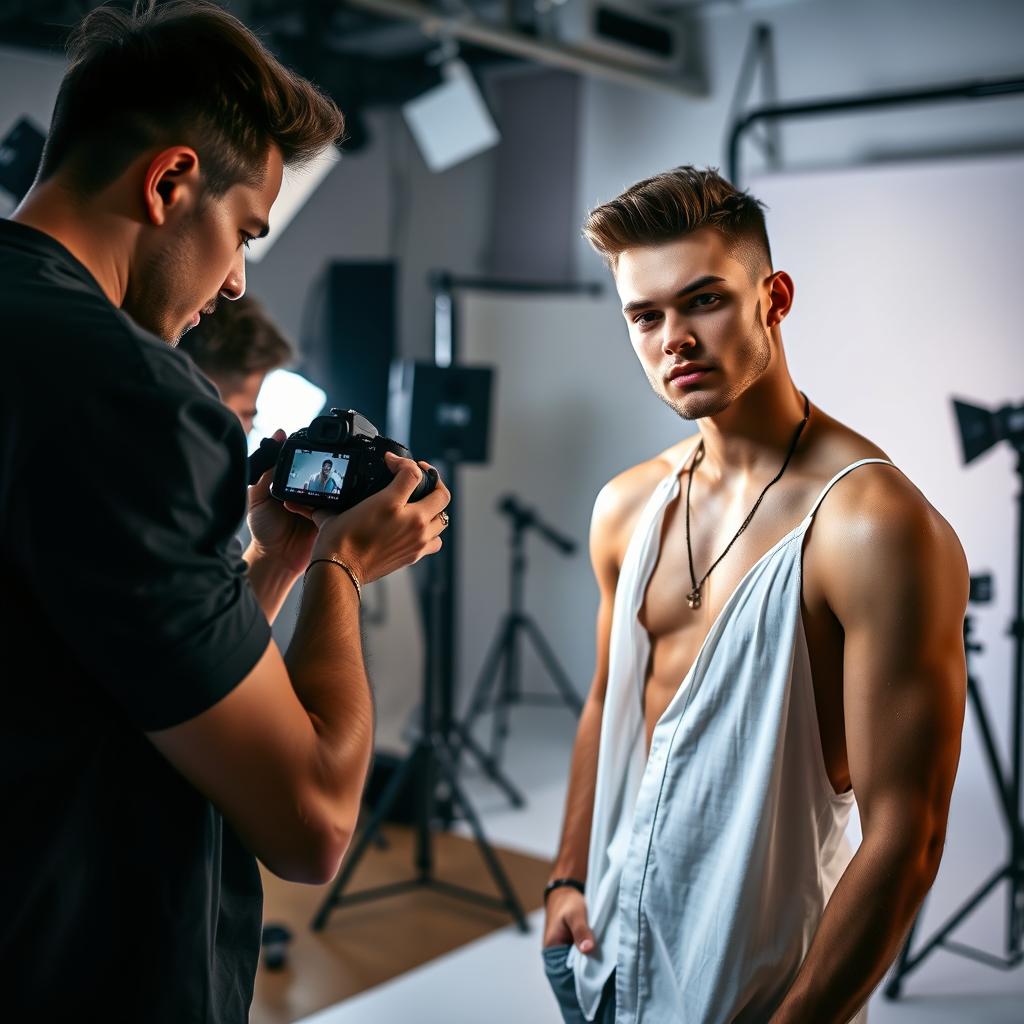 A young, attractive professional photographer in a trendy photo studio, wearing an open shirt, is intently focusing on his camera while taking pictures of another young man