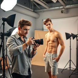 A young, attractive professional photographer in a trendy photo studio, wearing an open shirt, is intently focusing on his camera while taking pictures of another young man