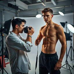 A young, attractive professional photographer in a trendy photo studio, wearing an open shirt, is intently focusing on his camera while taking pictures of another young man