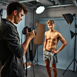 A young, attractive professional photographer in a trendy photo studio, wearing an open shirt, is intently focusing on his camera while taking pictures of another young man