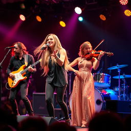 A dynamic music band performing on stage, featuring a talented female singer with long flowing hair, passionately singing into a microphone