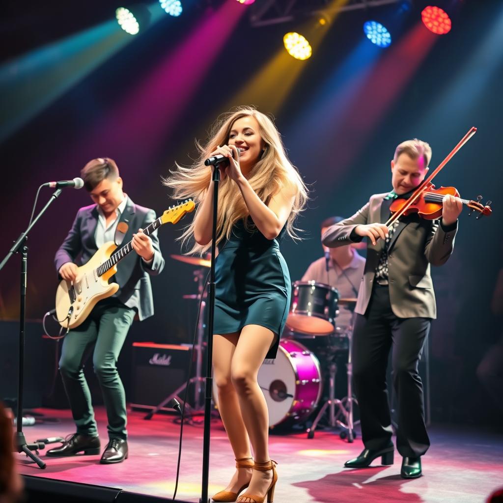 A dynamic music band performing on stage, featuring a talented female singer with long flowing hair, passionately singing into a microphone