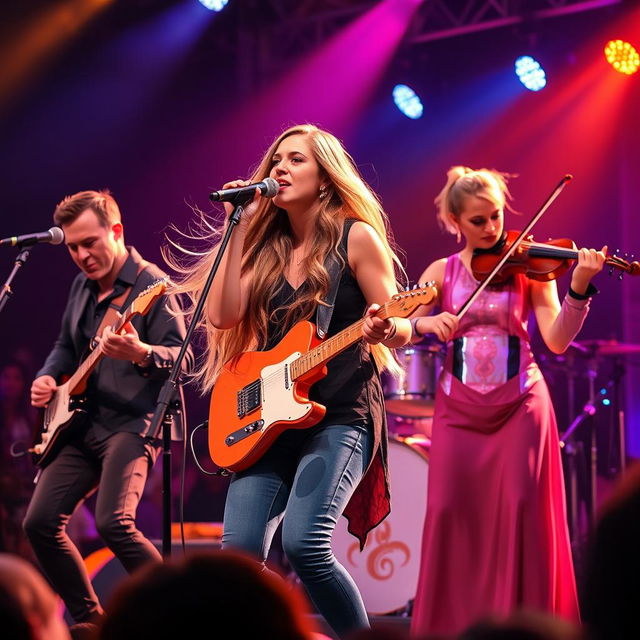 A dynamic music band performing on stage, featuring a talented female singer with long flowing hair, passionately singing into a microphone