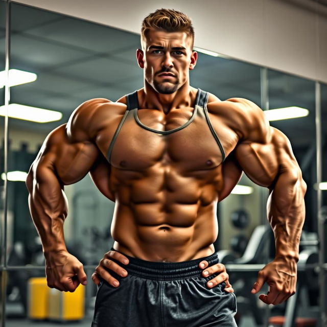 A muscular bodybuilder posing in a gym environment, showcasing impressive biceps and a defined physique