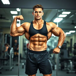 A muscular bodybuilder posing in a gym environment, showcasing impressive biceps and a defined physique