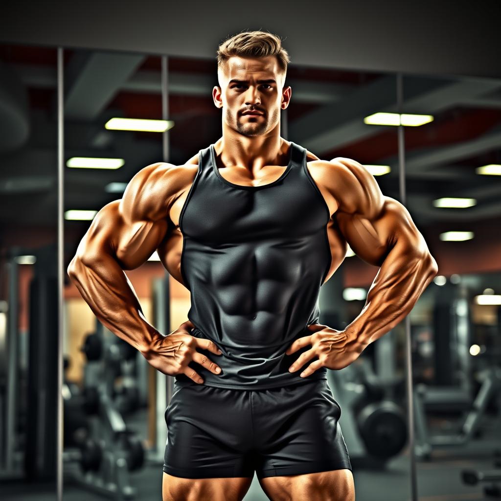 A muscular bodybuilder posing in a gym environment, showcasing impressive biceps and a defined physique