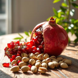 A vibrant still life featuring a pomegranate and pistachios