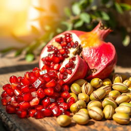 A vibrant still life featuring a pomegranate and pistachios