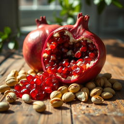 A vibrant still life featuring a pomegranate and pistachios