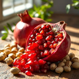 A vibrant still life featuring a pomegranate and pistachios