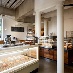 A modern bakery cafe in London style with white plastic interiors. Furnishings juxtapose contemporary design with vintage flair. Clear plastic showcases present pastries artistically and a state-of-the-art coffee brewing station sits enticingly.