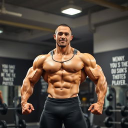 A muscular bodybuilder posing confidently in a gym setting