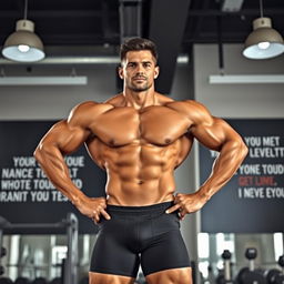 A muscular bodybuilder posing confidently in a gym setting