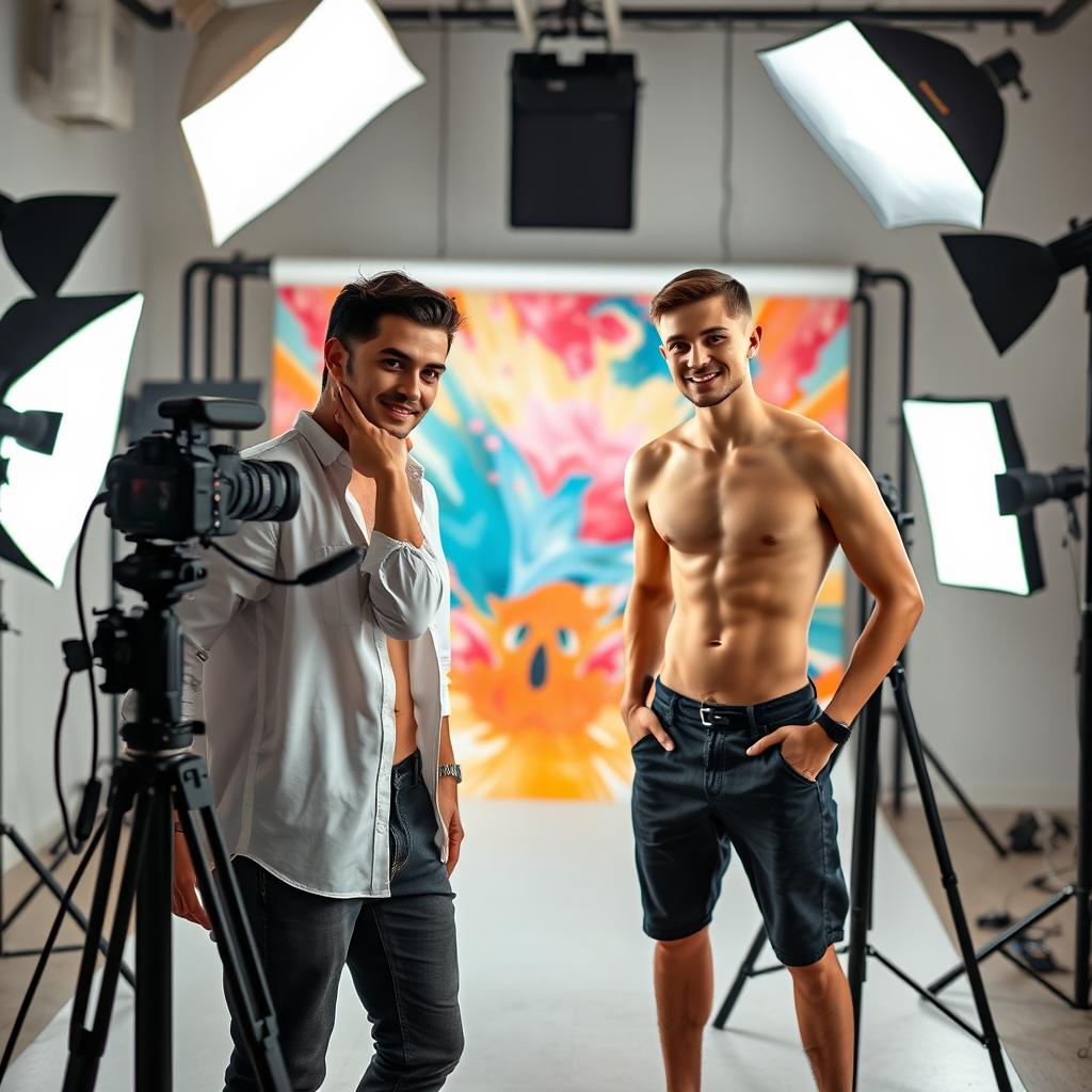 A stylish, modern photo studio featuring a young, attractive professional photographer with an open shirt, taking photographs of another young man with an open shirt and pants down, showcasing an atmosphere of confidence and artistry