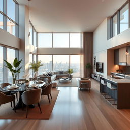 A modern luxury apartment interior featuring a bright and spacious living room with large windows, stylish furniture, and elegant decor