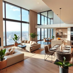 A modern luxury apartment interior featuring a bright and spacious living room with large windows, stylish furniture, and elegant decor