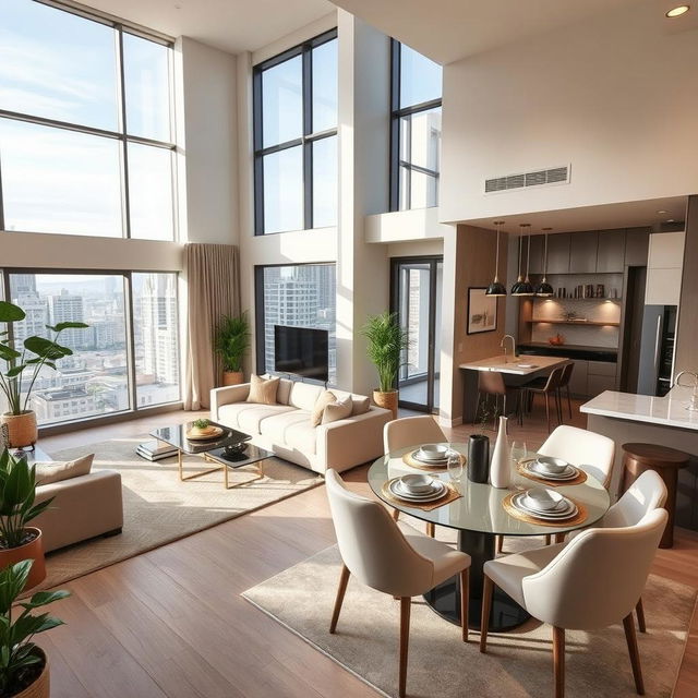 A modern luxury apartment interior featuring a bright and spacious living room with large windows, stylish furniture, and elegant decor