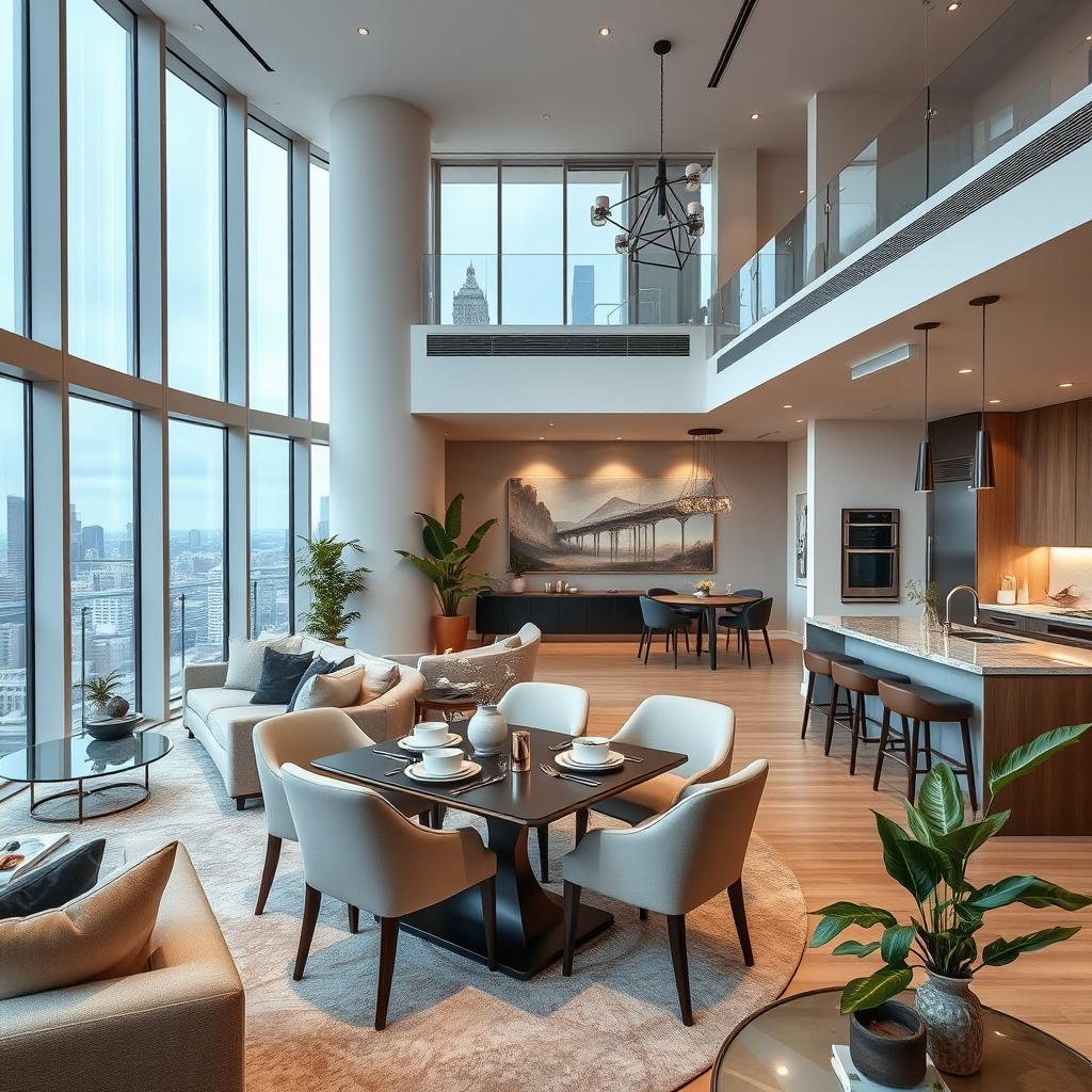 A modern luxury apartment interior featuring a bright and spacious living room with large windows, stylish furniture, and elegant decor