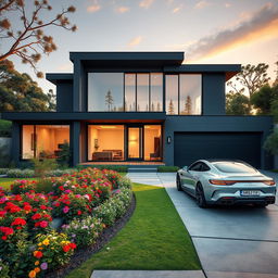 A modern residential property exterior showcasing a sleek, contemporary house with large glass windows and a stylish facade