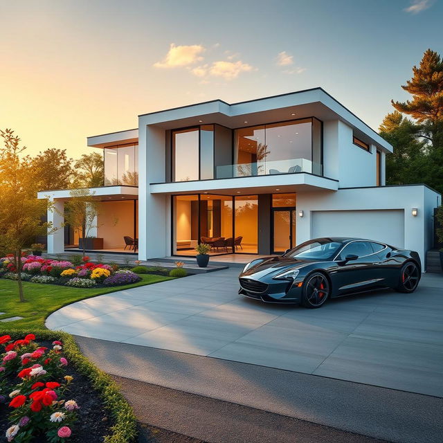 A modern residential property exterior showcasing a sleek, contemporary house with large glass windows and a stylish facade