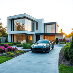 A modern residential property exterior showcasing a sleek, contemporary house with large glass windows and a stylish facade