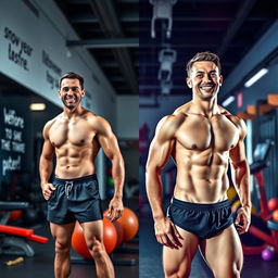 A dynamic and inspiring body transformation scene showcasing a confident individual undergoing a significant physical change