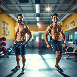 A dynamic and inspiring body transformation scene showcasing a confident individual undergoing a significant physical change