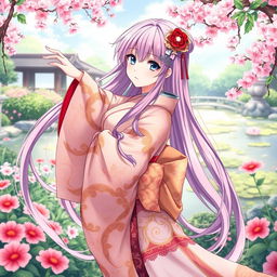 An elegant anime-style Japanese woman dressed in a beautifully patterned kimono, striking a graceful pose