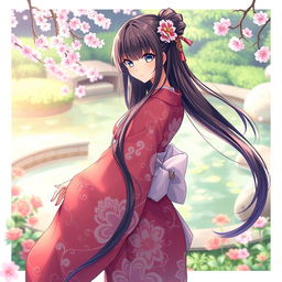 An elegant anime-style Japanese woman dressed in a beautifully patterned kimono, striking a graceful pose