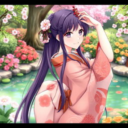 An elegant anime-style Japanese woman dressed in a beautifully patterned kimono, striking a graceful pose