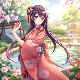 An elegant anime-style Japanese woman dressed in a beautifully patterned kimono, striking a graceful pose