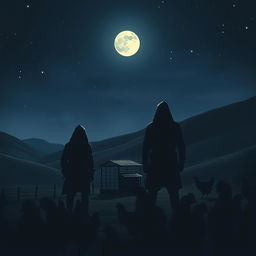 A scene depicting a few thieves standing at a distance, shrouded in shadows, near a chicken farm in Kuhbanan at night