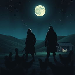 A scene depicting a few thieves standing at a distance, shrouded in shadows, near a chicken farm in Kuhbanan at night