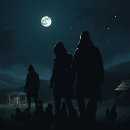 A scene depicting a few thieves standing at a distance, shrouded in shadows, near a chicken farm in Kuhbanan at night