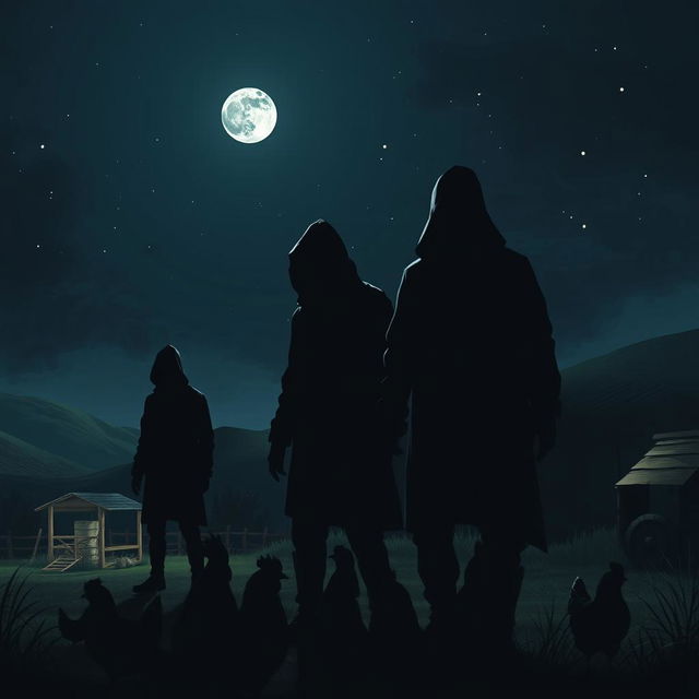 A scene depicting a few thieves standing at a distance, shrouded in shadows, near a chicken farm in Kuhbanan at night