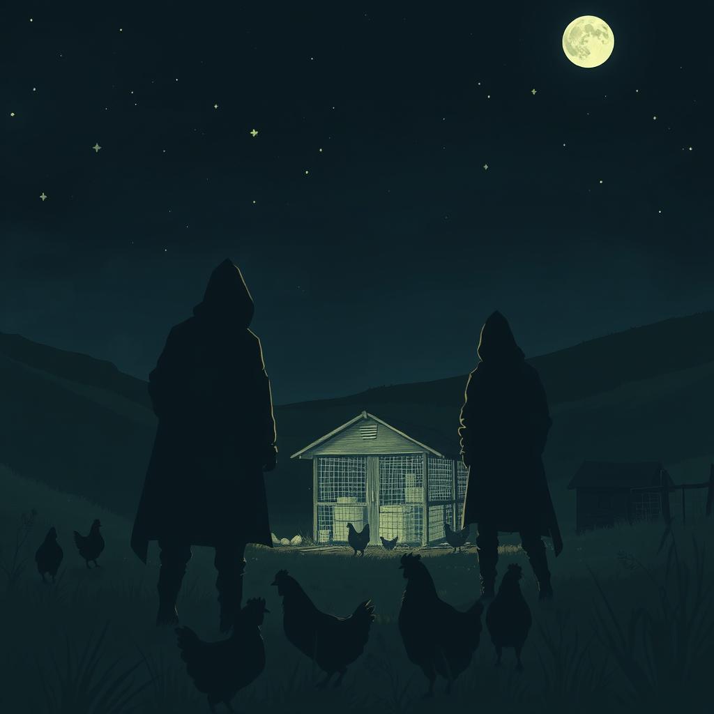A scene depicting a few thieves standing at a distance, shrouded in shadows, near a chicken farm in Kuhbanan at night