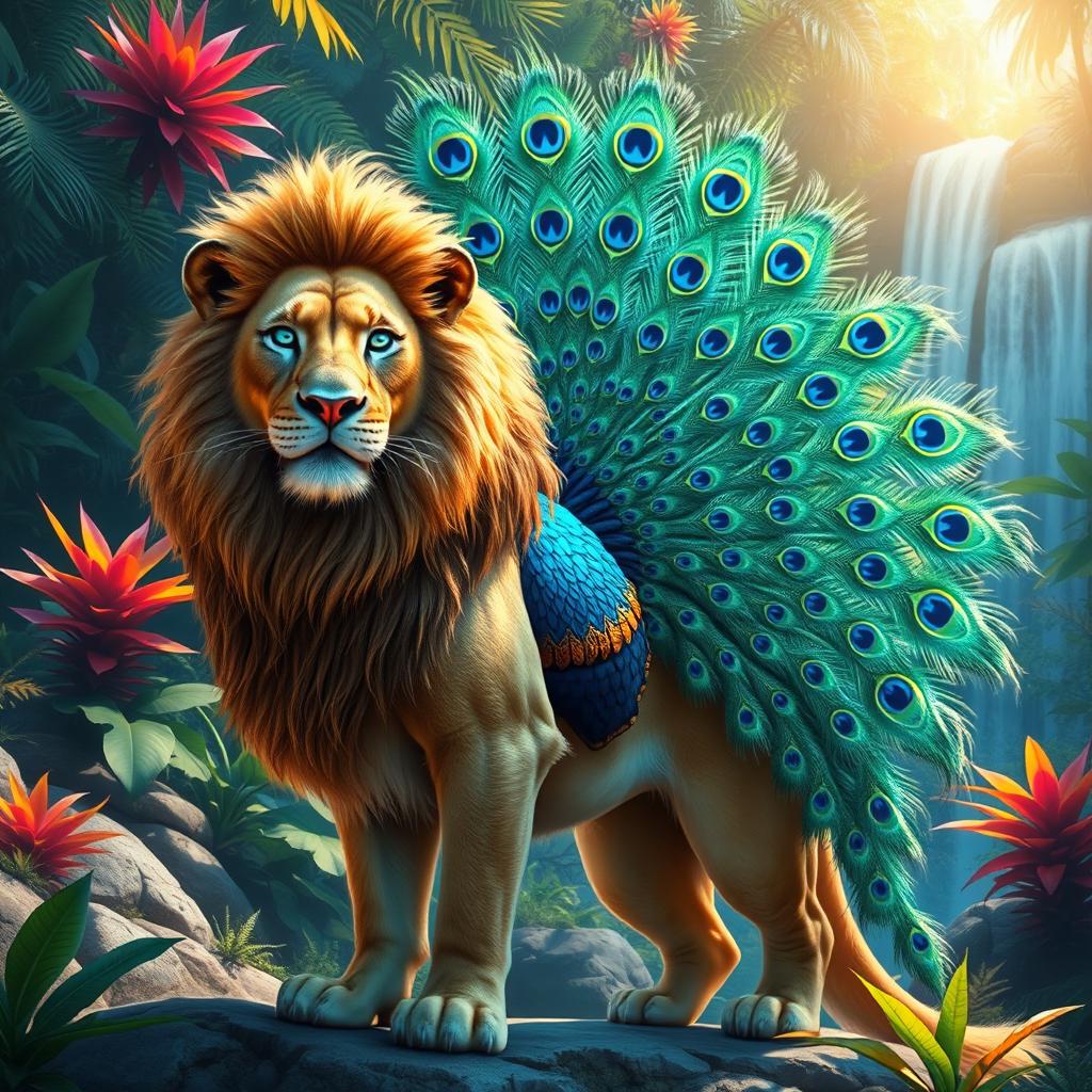 An imaginative creature that is a fusion of a lion and a peacock, showcasing a magnificent lion's body with vibrant, iridescent peacock feathers extending from its back