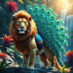 An imaginative creature that is a fusion of a lion and a peacock, showcasing a magnificent lion's body with vibrant, iridescent peacock feathers extending from its back