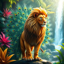 An imaginative creature that is a fusion of a lion and a peacock, showcasing a magnificent lion's body with vibrant, iridescent peacock feathers extending from its back